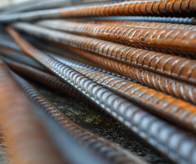Closeup of Rusty Rebar Rods Stacked Together Zinc Coating on Rebar
