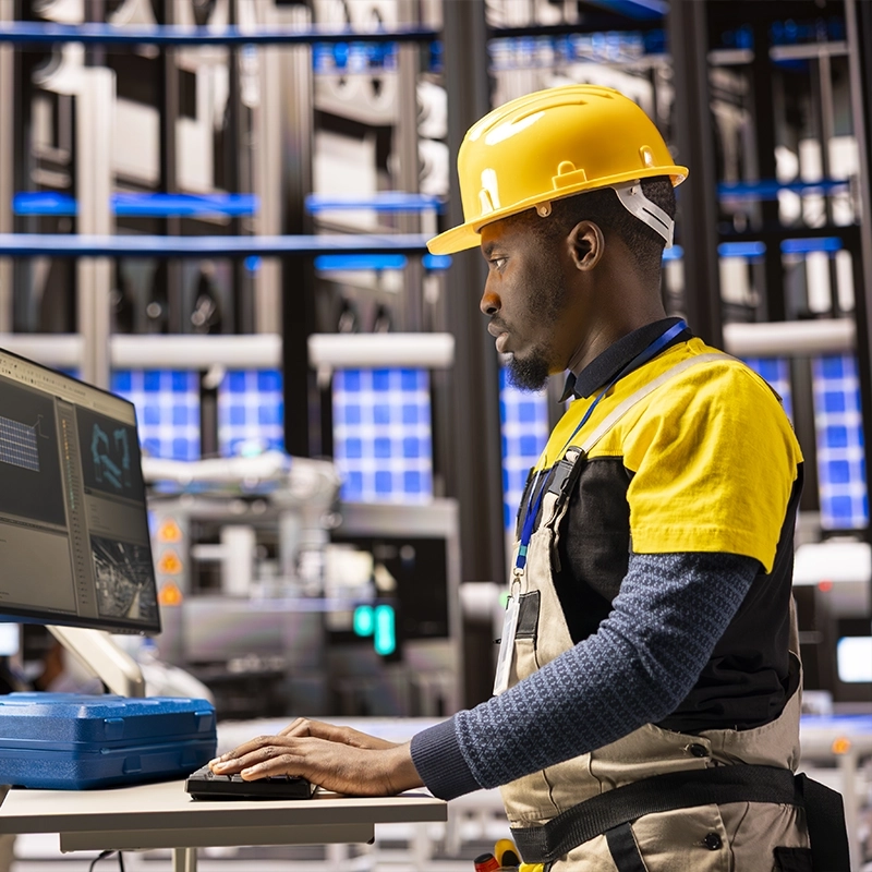 A man wearing a hard hat typing on a keyboard galvanizing in fabrication