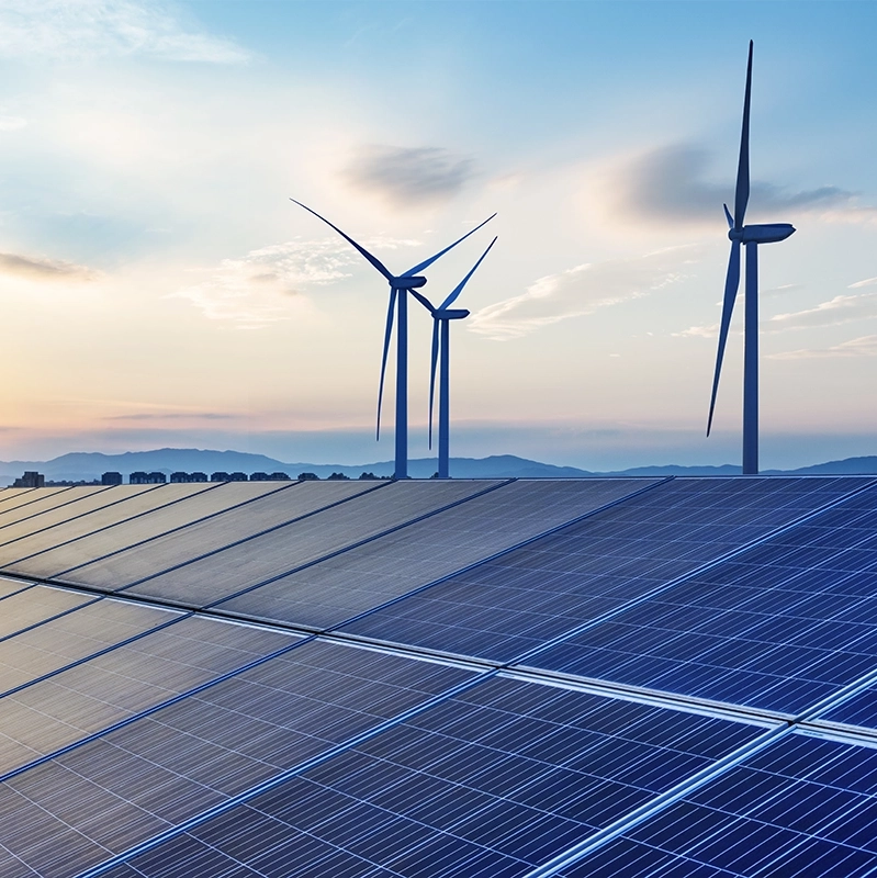 Solar panels with large windmills in the background galvanizing in the solar and renewable energy industries