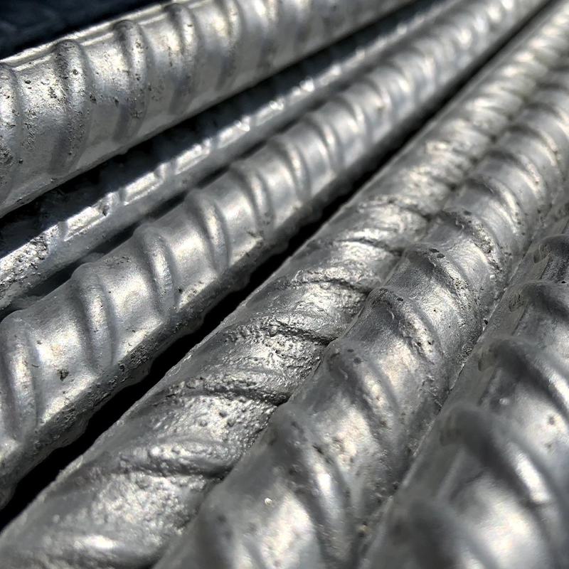 Closeup of a bundle of galvanized rebar rods